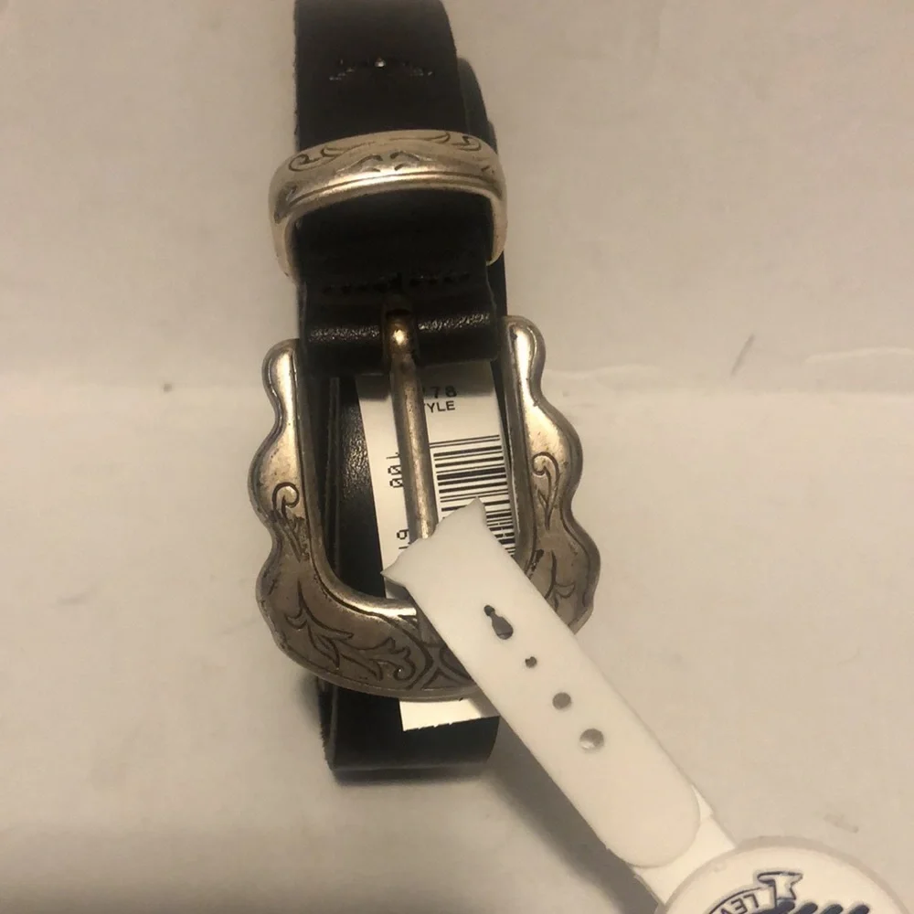 NWT Dockers Black Leather Belt with Floral Design Buckle